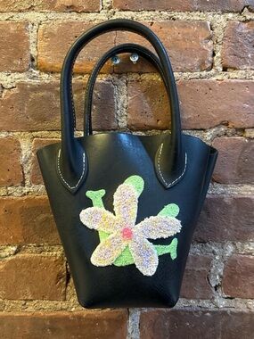 FLORIST NYC Black Floral Embroidered Leather Mini Tote Bag